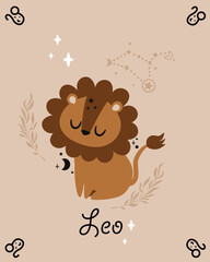 zodiac card with leo - vector illustration, eps