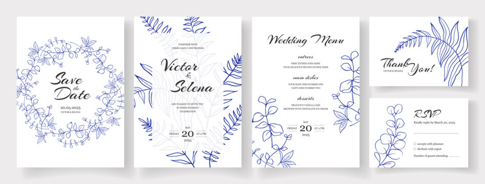 Wedding cards collection with herbs, eucalyptus and fern branches hand drawn with blue ink on white. Save the Date invitation, menu, rsvp and thank you cards template. Vector