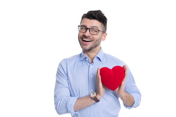 photo of cheerful man with love valentine heart box. man with love valentine heart isolated on...