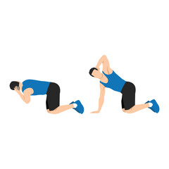 Man doing exercise in thoracic rotation pose or quadruped rotation. Flat vector illustration isolated on white background - obrazy, fototapety, plakaty