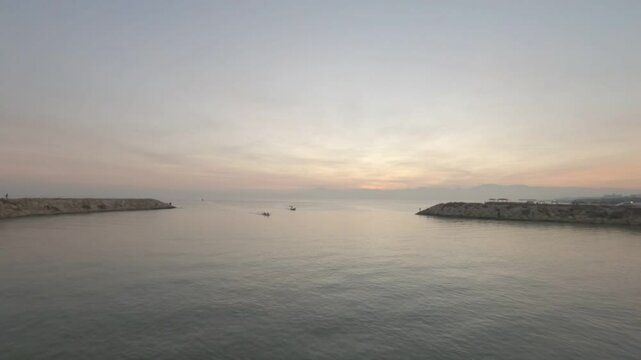 Drone footage of Kumkoy Halk Plaji, beautiful sunrise at the beach, scenic
