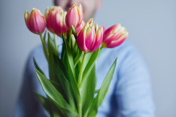 Close-up of bouquet of pink tulips in man hands. Celebration Women's Day, Mother's Day. Valentine's Day