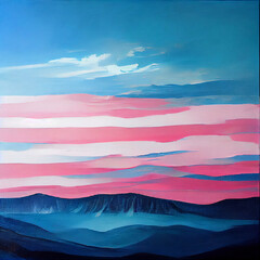 Pink Blue American Sublime Mountain Range Landscape Painting Vast Sky Mountains Wellness Reflection Dreamlike Calm Relaxation Generative AI Tools Technology illustration	