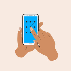 open, swipe , slide mobile security vector modern clean simple. enter pass code screen isolated graphic. points code on the cell phone. man or male hand holding a smart phone flat design style cartoon
