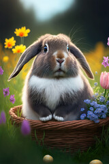 Cute bunny in the Easter basket in the grass, in the background a flower field with many colorful flowers. Happy Easter. Generative AI