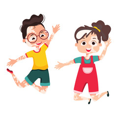 Happy children with vitiligo cosmetology skin disease. Two kids with dermatologist spot pigment problem standing together. Body positive illustration. Cartoon Vector illustration