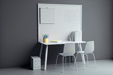 whiteboard with desks in front of it. concept of education, learning, courses and study