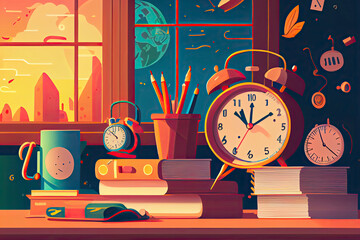 Workplace of a student or a student. Vector illustration of school things. Books