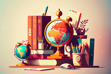 Workplace of a student or a student. Vector illustration of school things. Books