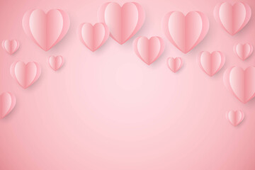 Paper elements in shape of heart flying on pink background. Vector symbols of love for Happy Women's, Mother's, Valentine's Day, birthday
