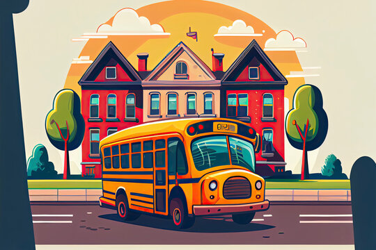 School bus passing by city scenery cartoon vector illustration graphic design