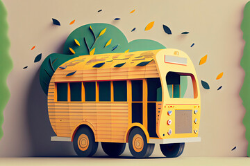 Paper art of school bus running on country road