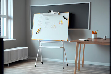 whiteboard with desks in front of it. concept of education, learning, courses and study