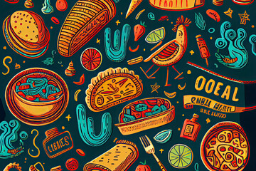 Mexican Food hand drawn doodles seamless pattern. Ethnic Cuisine background