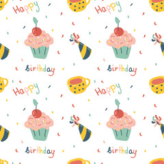 Vector seamless pattern with birthday cupcake, mug, present
