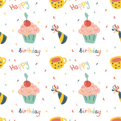 Vector seamless pattern with birthday cupcake, mug, present