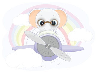A cute little elephant is flying in an airplane. Rainbow in the background.