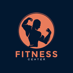 Fitness Center Logo. Sport and fitness logo design. Gym Logo Icon Design Vector Stock, or emblem with woman and man silhouette. Woman and Man holding dumbbells.