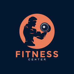 Fitness Center Logo. Sport and fitness logo design. Gym Logo Icon Design Vector Stock, or emblem with woman and man silhouette. Woman and Man holding dumbbells.