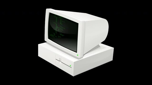 Loop animation of an 80's desktop computer with its floppy disk drive and black screen with scrolling green lines of code isolated with alpha channel
