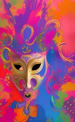 Fototapeta na wymiar Venice carnival mask on bright colorful background. AI-generated digital illustration.