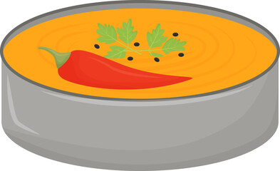 Curry soup in bowl semi flat color raster element. Full sized object on white. Course with hot pepper and parsley. Savoury soup simple cartoon style illustration for web graphic design and animation