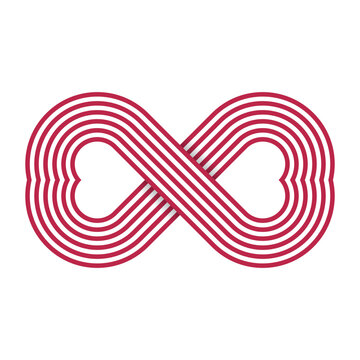 Heart-shaped infinity pattern. 6 red stripes white background. Double heart design, logo, symbol, icon. Vector illustration.