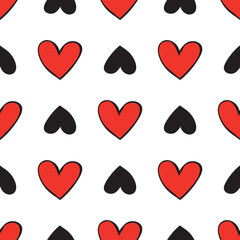 Seamless pattern with black and red hearts. Funny hand drawn printable poster. Doodle texture design, Valentine Day. Love, relationships, communication. Romantic wallpaper.