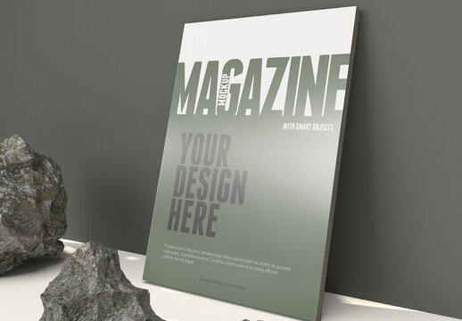 Magazine Cover Mockup With Rocks On a Clean Wall With Realistic Shadows in the Background