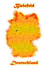 Die Karte von Deutschland in flammen mit der Stadt Bielefeld in blau
