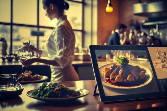 Person using a tablet to order food at a restaurant with kitchen on background, concept of Tablet Ordering and Kitchen Scene, created with Generative AI technology