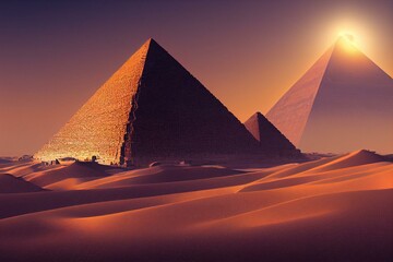 Fototapeta na wymiar Two fictional egyptian pyramids in desert with evening sunset (Generative AI)