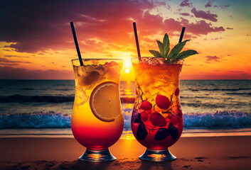 A row of colorful cocktails on a tropical beach at sunset. Generative ai