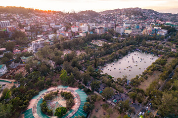 Baguio City, Philippines - Jan 2023: Aerial of Burnham Park and downtown Baguio.