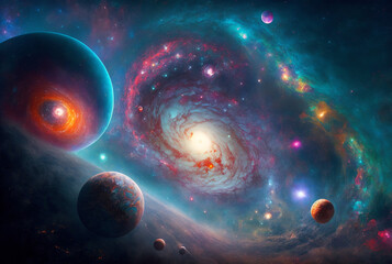 Generative ai illustration of planets and shining stars galaxy in space. Universe galaxy nebula stars and planets