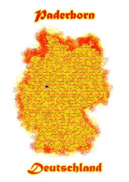 Die Karte von Deutschland in flammen mit der Stadt Paderborn in blau