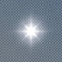 Bright sun shines with cold rays, vector illustration
Glowing white star on a transparent background. Flash of light, sun, twinkle. Vector for web design and illustrations.