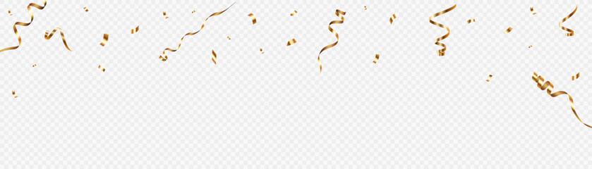 Golden confetti serpentine, falling lace confetti, streamer, tinsel on a transparent background for design and congratulations.Vector	
