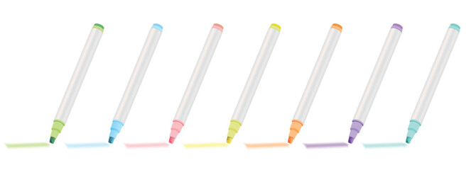 set of 7 highlighter marker pens for highlighting text in pink, yellow, green, blue, purple, orange and teal isolated on white background. Colorful sharpies vector illustrations.