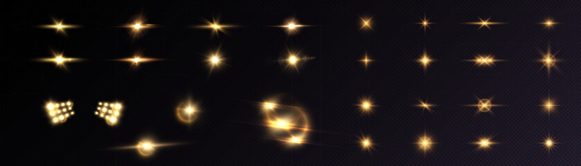 Set of golden light effects of glowing light isolated on transparent background. light lines. Solar flare with rays and glare. glow effect. Starburst with shimmering sparkles. Light for web design and