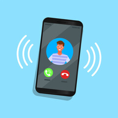 Incoming call on mobile phone character vector design.