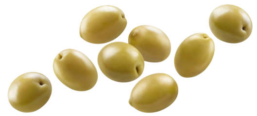 Flying delicious green olives cut out