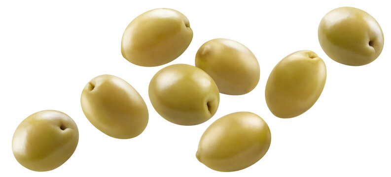 Flying delicious green olives cut out