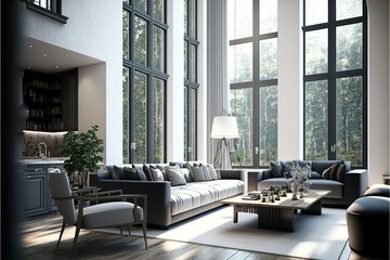 Spacious living room with big windows natural light, concept of Brightness and Airiness, created with Generative AI technology