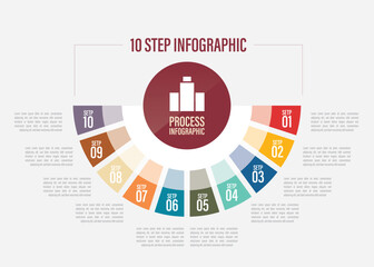 process infographic, step infographic, half pie chart Elements with 10, 9, 8, 7, 6, 5, 4, 3, 2, options. business infographics concept.