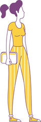 Lady in yellow apparel semi flat color raster character. Standing figure. Full body person on white. Girl with tablet simple cartoon style illustration for web graphic design and animation