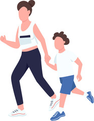 Mother and son running semi flat color raster characters. Posing figures. Full body people on white. Sprint competition simple cartoon style illustration for web graphic design and animation