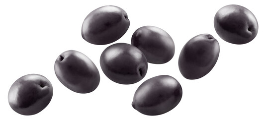 Flying delicious black olives cut out