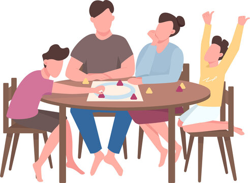 Family members play board game semi flat color raster characters. Sitting figures. Full body people on white. Simple cartoon style illustration for web graphic design and animation