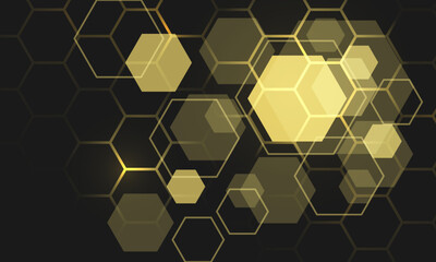 Abstract gold light hexagon mesh geometric on black shadow design modern futuristic background vector